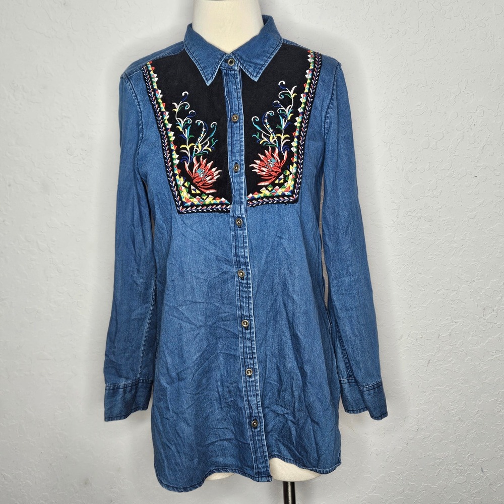 Holding Horses Anthropologie Embroidered Denim Tunic Shirt Blue Size 4